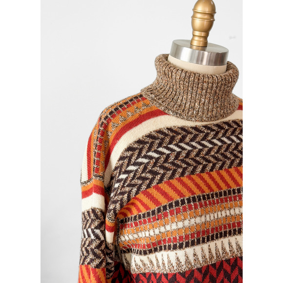 Vintage 70s Saint Laurent Rive Gauche Brown Rust Cream Knit Turtleneck Sweater - Picture 9 of 12